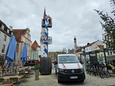 Mitarbeiter der Stadtwerke „fällen“ den Maibaum.