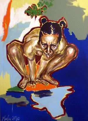 Gemälde: Eine nackte Frau in Hocke vor einem farbigen Hintergrund