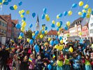 Mit Fähnchen und Luftballons in den Stadtfarben gelb-blau bejubeln die großen und kleinen Stadtbürger die Finalteilnahme bei den LivCom- Awards und hoffen, dass Bürgermeister Thomas Herker mit einer Auszeichnung aus Seoul zurückkommt.