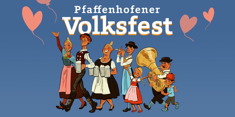 Werbemotiv Volksfest 2022 mit Schriftzug und gezeichneten Figuren Paar, Bedienung, Musiker
